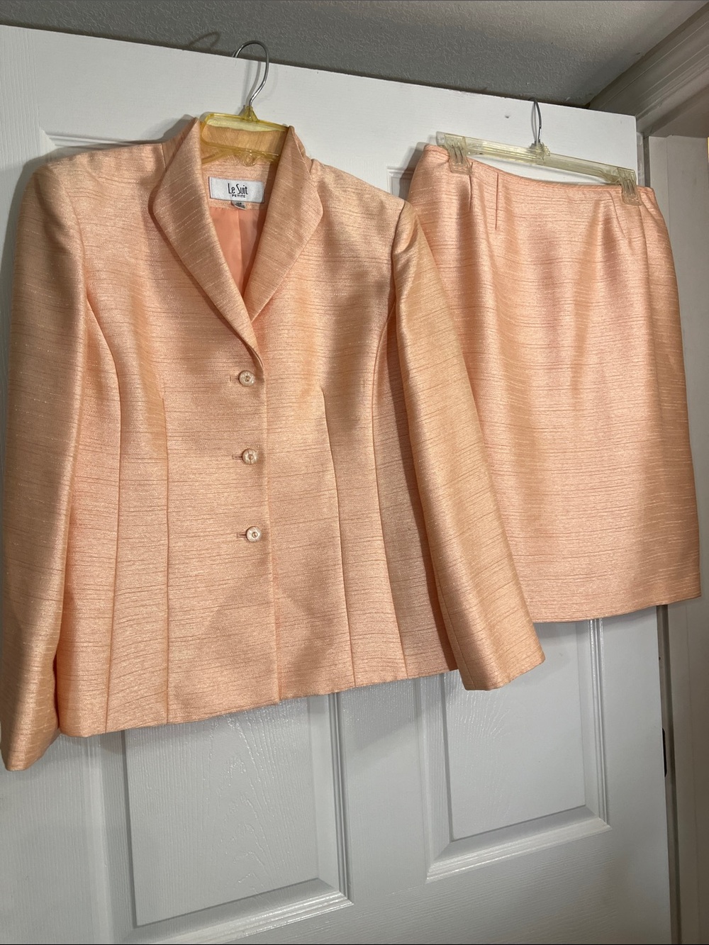 Le Suit Peach Shimmer Skirt Suit Set